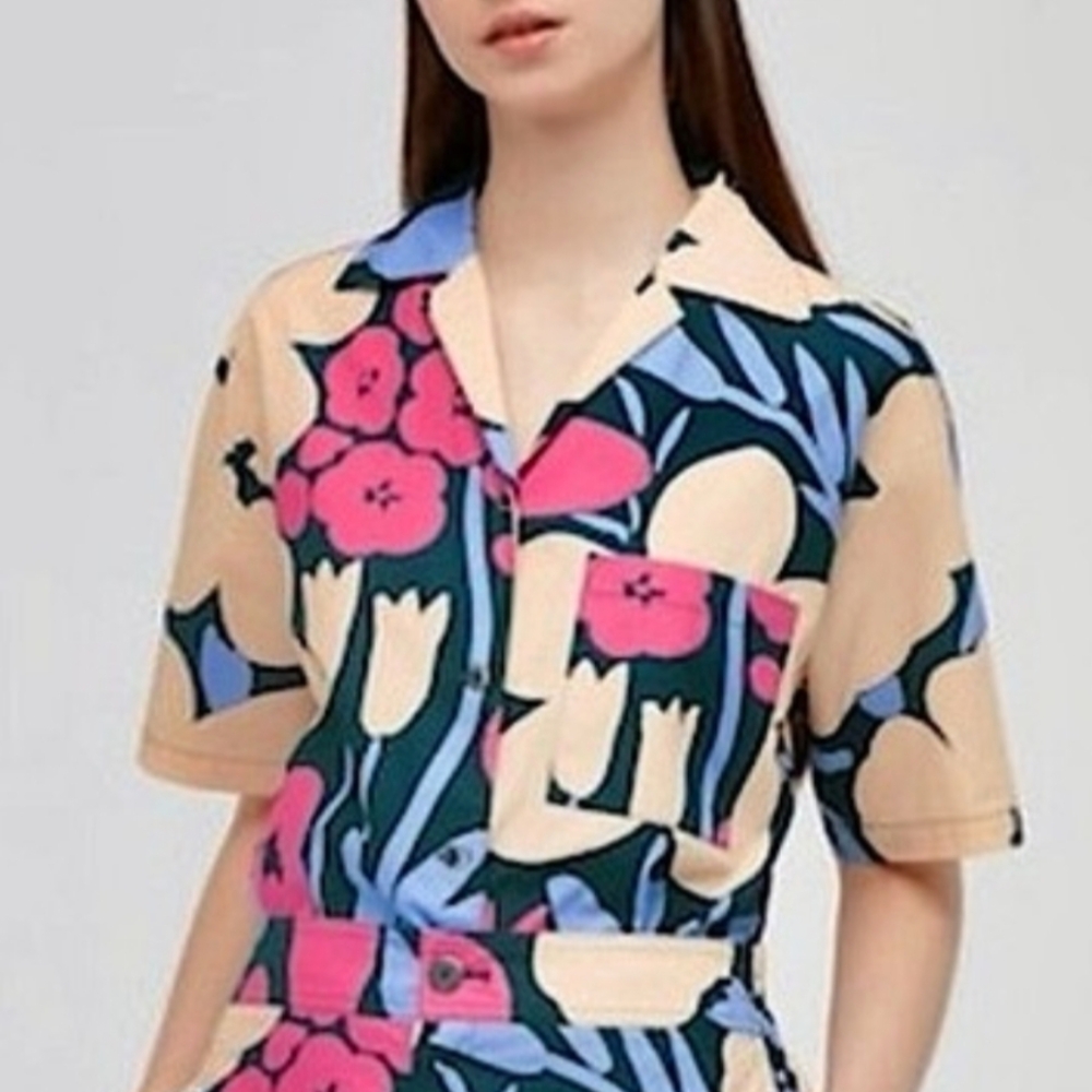 Marimekko x Uniqlo Collab Pink Blue Cream Floral Print Button-Up Blouse XS